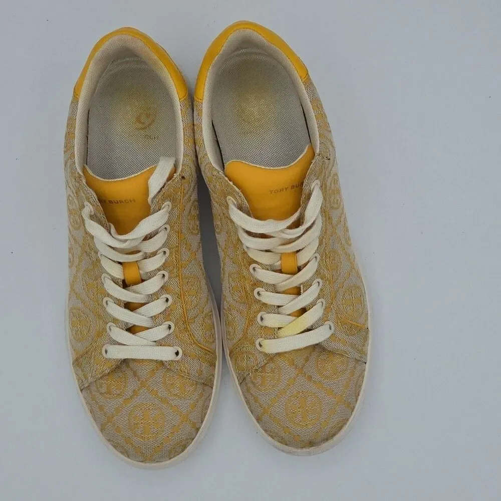 Tory Burch T Monogram Howell Sneaker Goldfinch Jacquard Calf Leather SZ 9